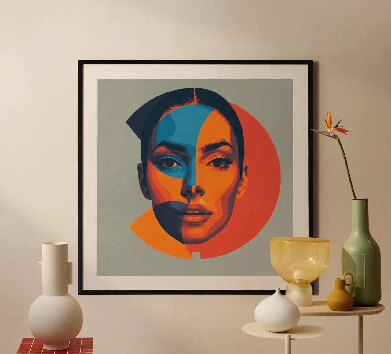 Portrait eines Frauengesichts in geometrischen Formen Poster mit Holzrahmen von DesignDoodle