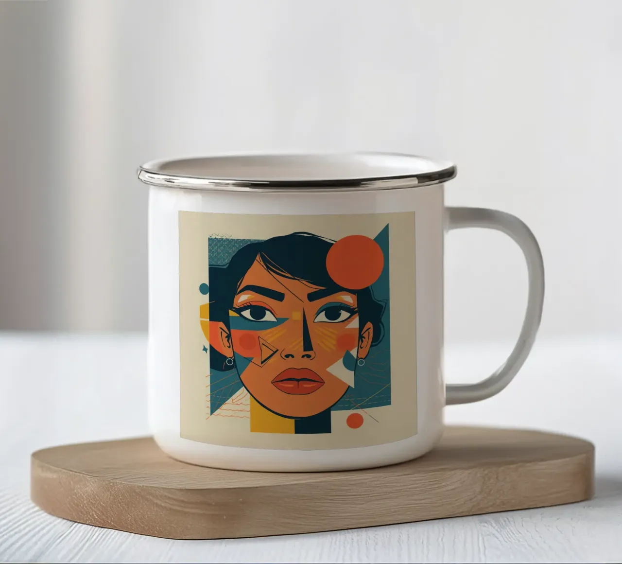 Ritratto di volto di donna con forme geometriche astratte tazza in smalto da DesignDoodle