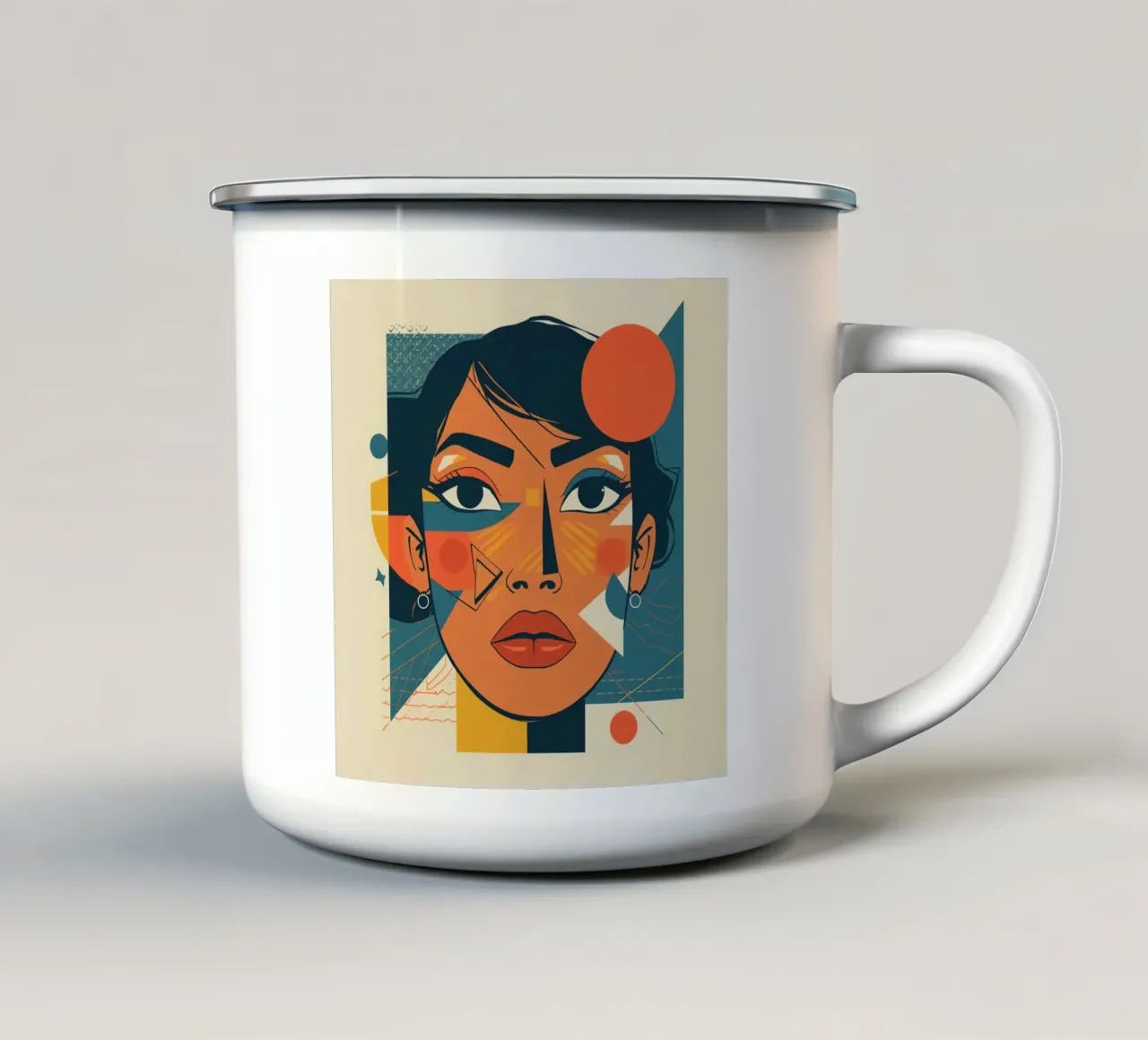 Ritratto di volto di donna con forme geometriche astratte tazza in smalto da DesignDoodle