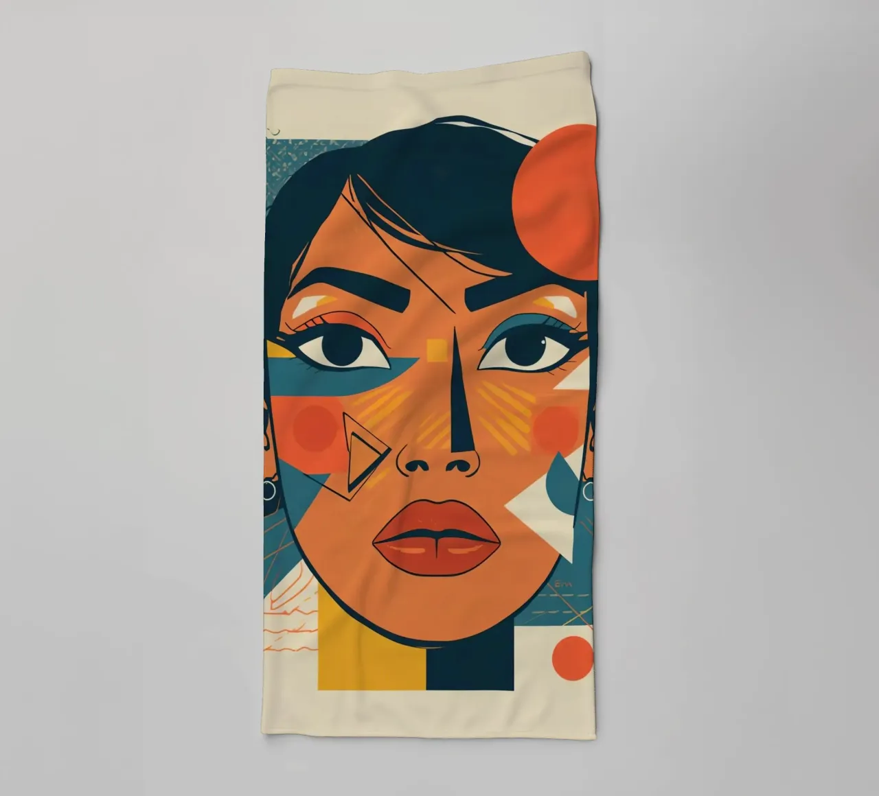 Woman's Face Portrait with Abstract Geometric Shapes towel by DesignDoodle