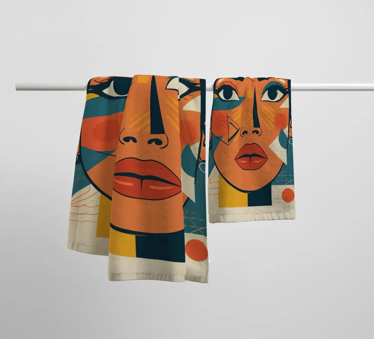 Woman's Face Portrait with Abstract Geometric Shapes towel by DesignDoodle