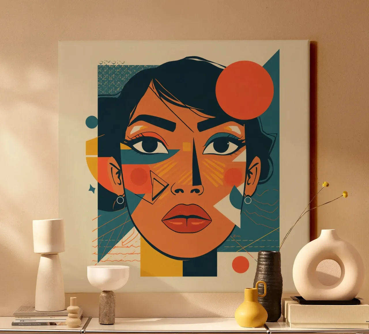 Ritratto di volto di donna con forme geometriche astratte tela con Cornice a cassetta da DesignDoodle