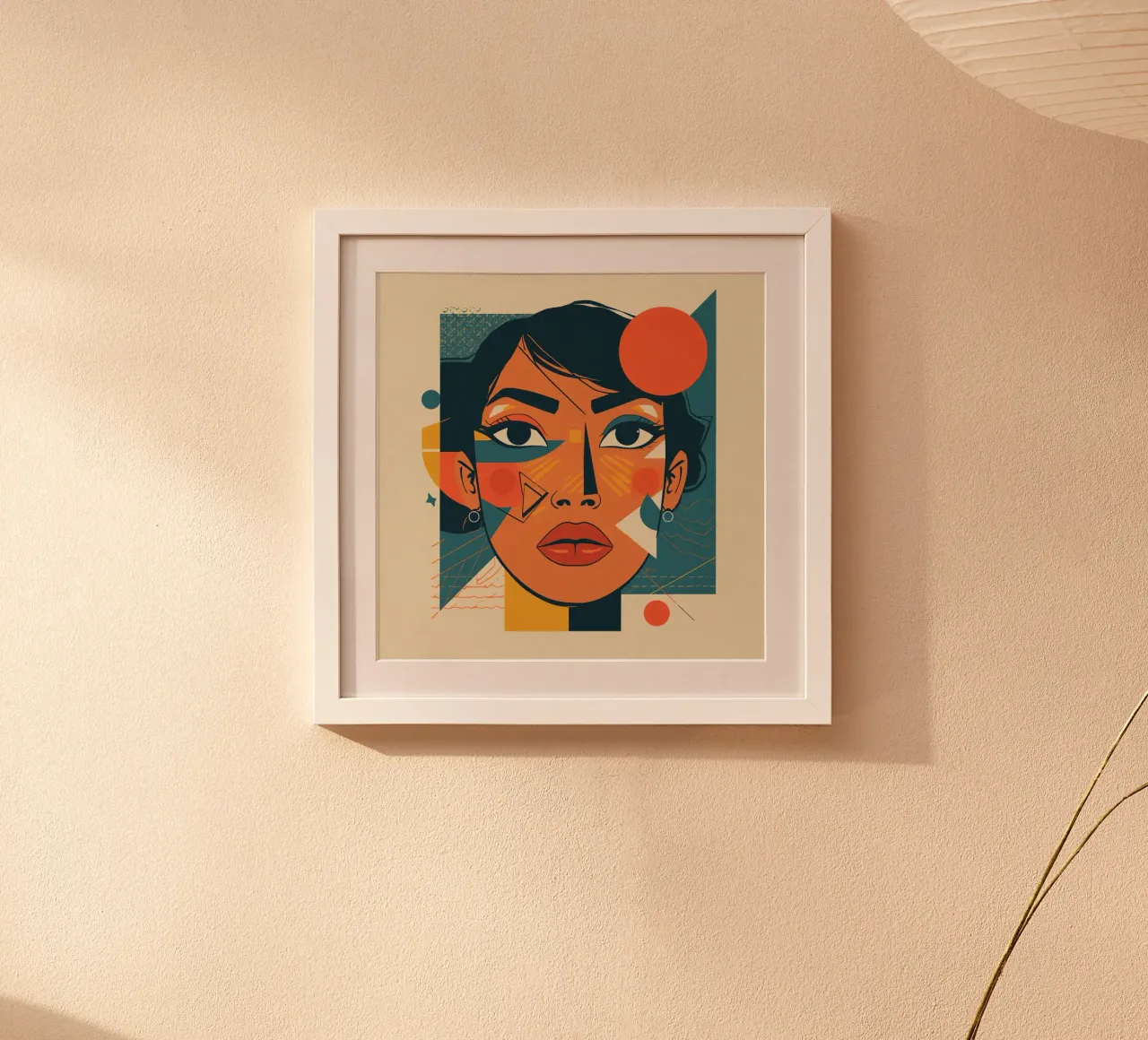 Ritratto di volto di donna con forme geometriche astratte poster con telaio in legno da DesignDoodle