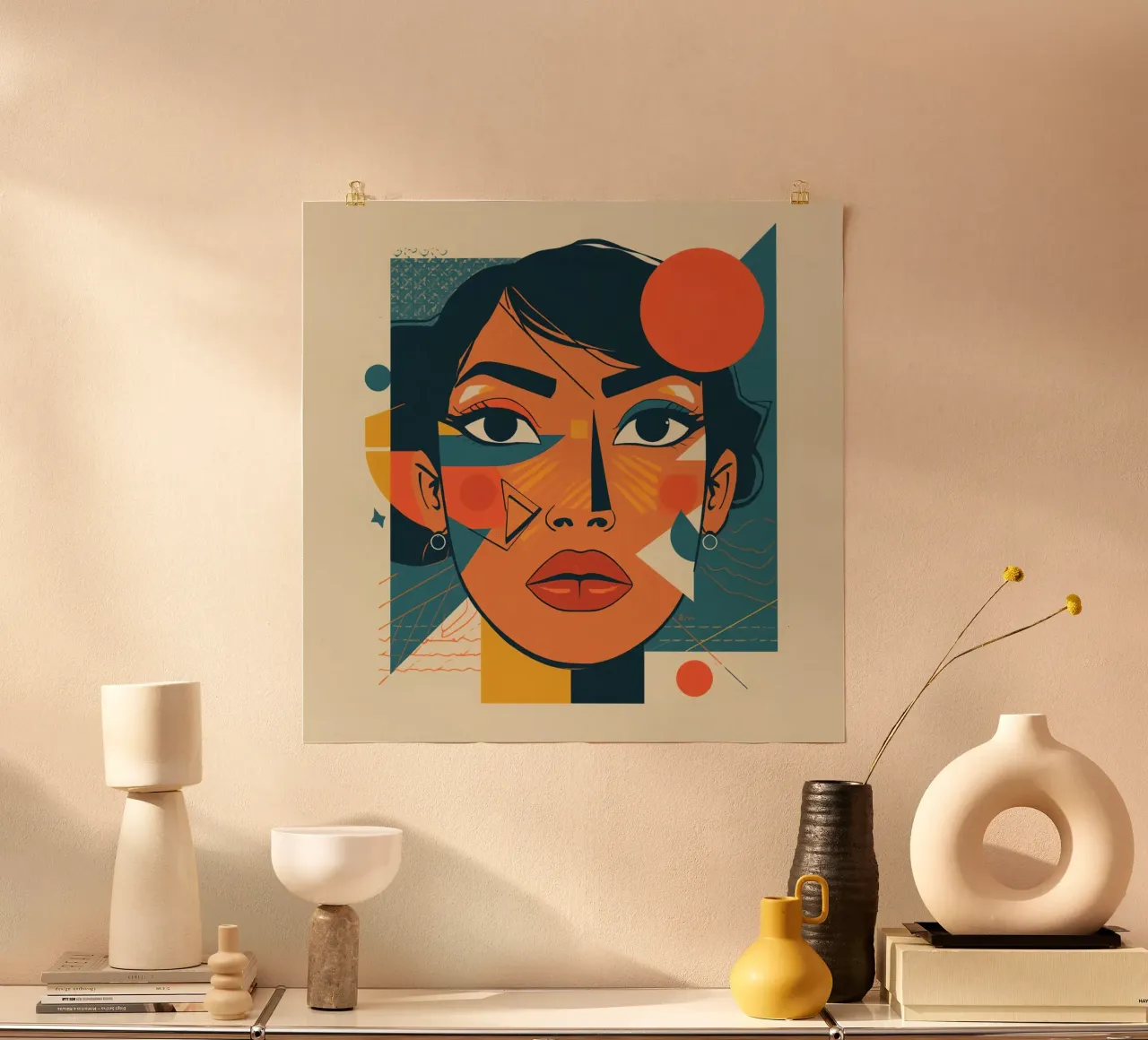 Ritratto di volto di donna con forme geometriche astratte poster con telaio in legno da DesignDoodle