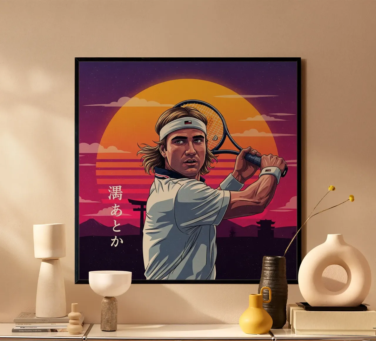 Andre Agassi - Arte retrò giapponese #1 poster con telaio in legno da Lembayung art