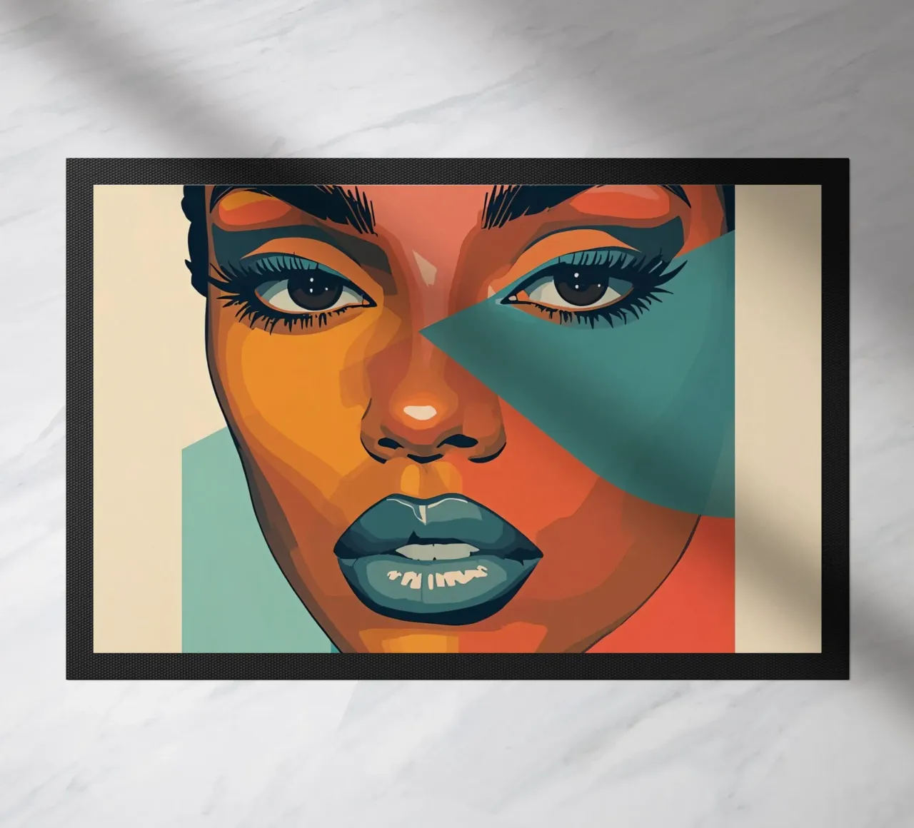 Woman's Face Portrait with Geometric Color Blocking doormat by DesignDoodle