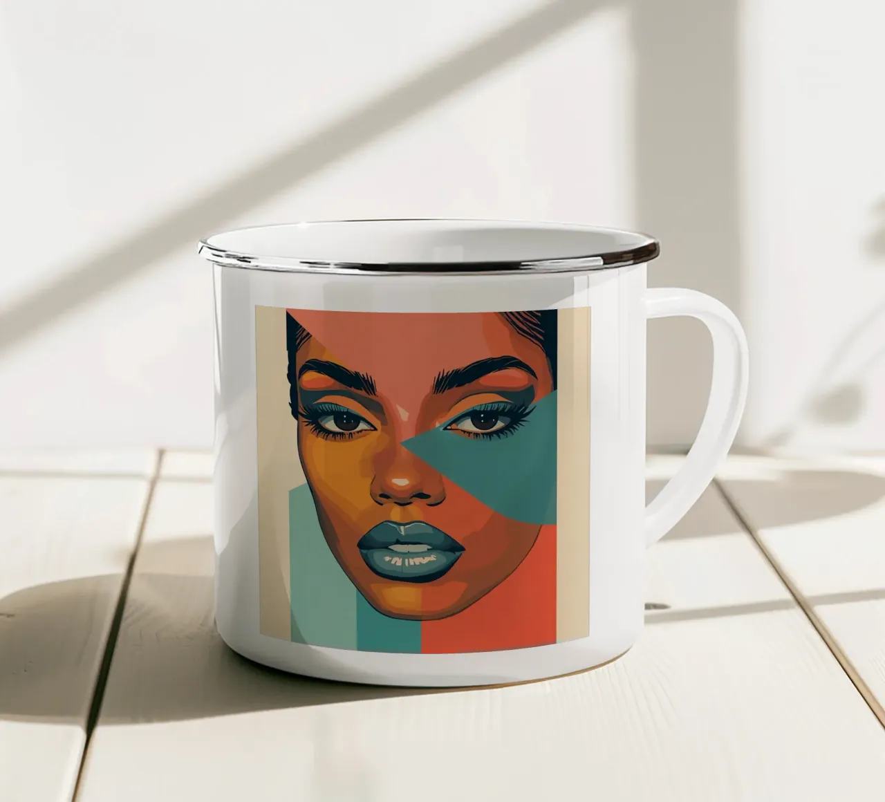Woman's Face Portrait with Geometric Color Blocking enamel mug by DesignDoodle