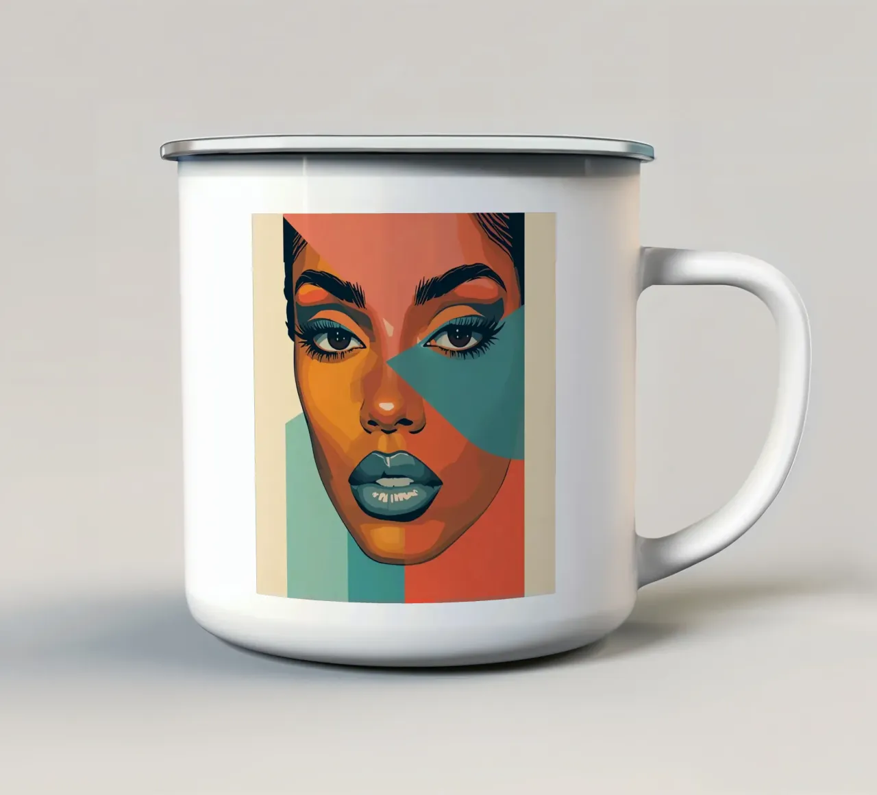 Woman's Face Portrait with Geometric Color Blocking enamel mug by DesignDoodle