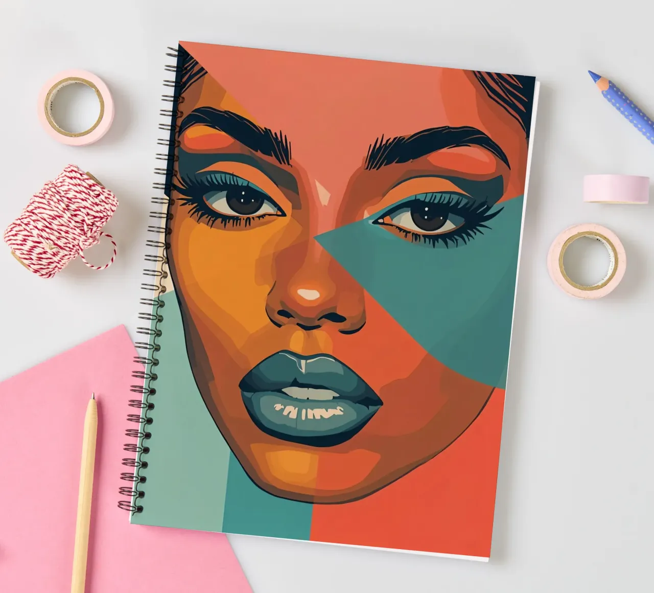 Woman's Face Portrait with Geometric Color Blocking spiral notebook by DesignDoodle