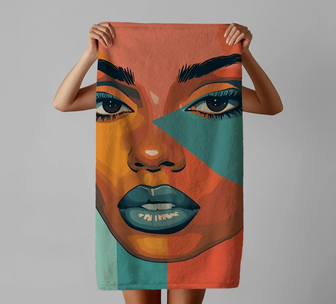 Woman's Face Portrait with Geometric Color Blocking towel by DesignDoodle