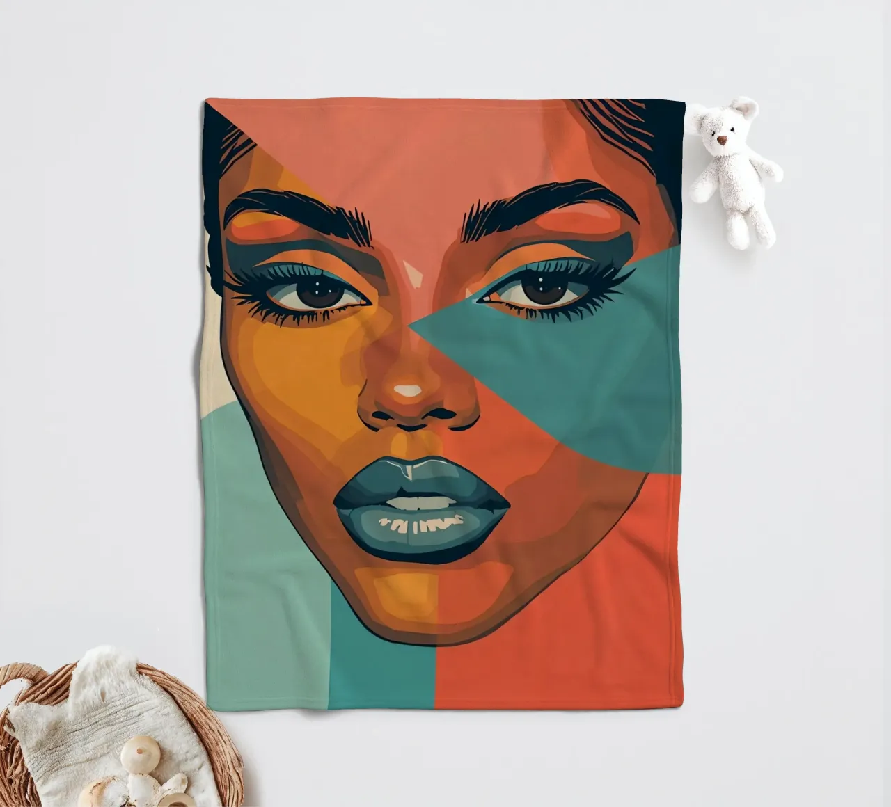 Woman's Face Portrait with Geometric Color Blocking fleece blanket by DesignDoodle