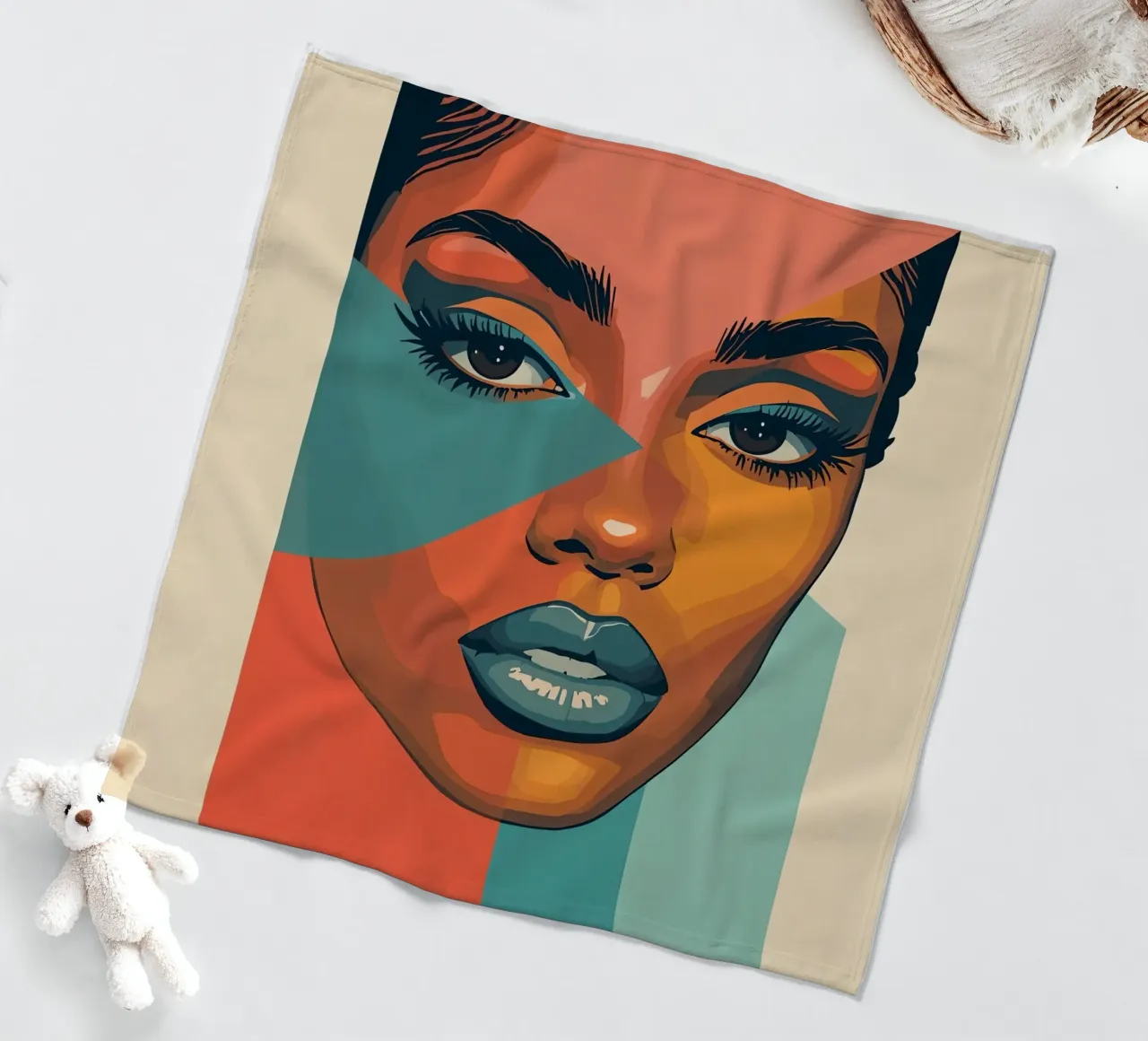 Woman's Face Portrait with Geometric Color Blocking fleece blanket by DesignDoodle