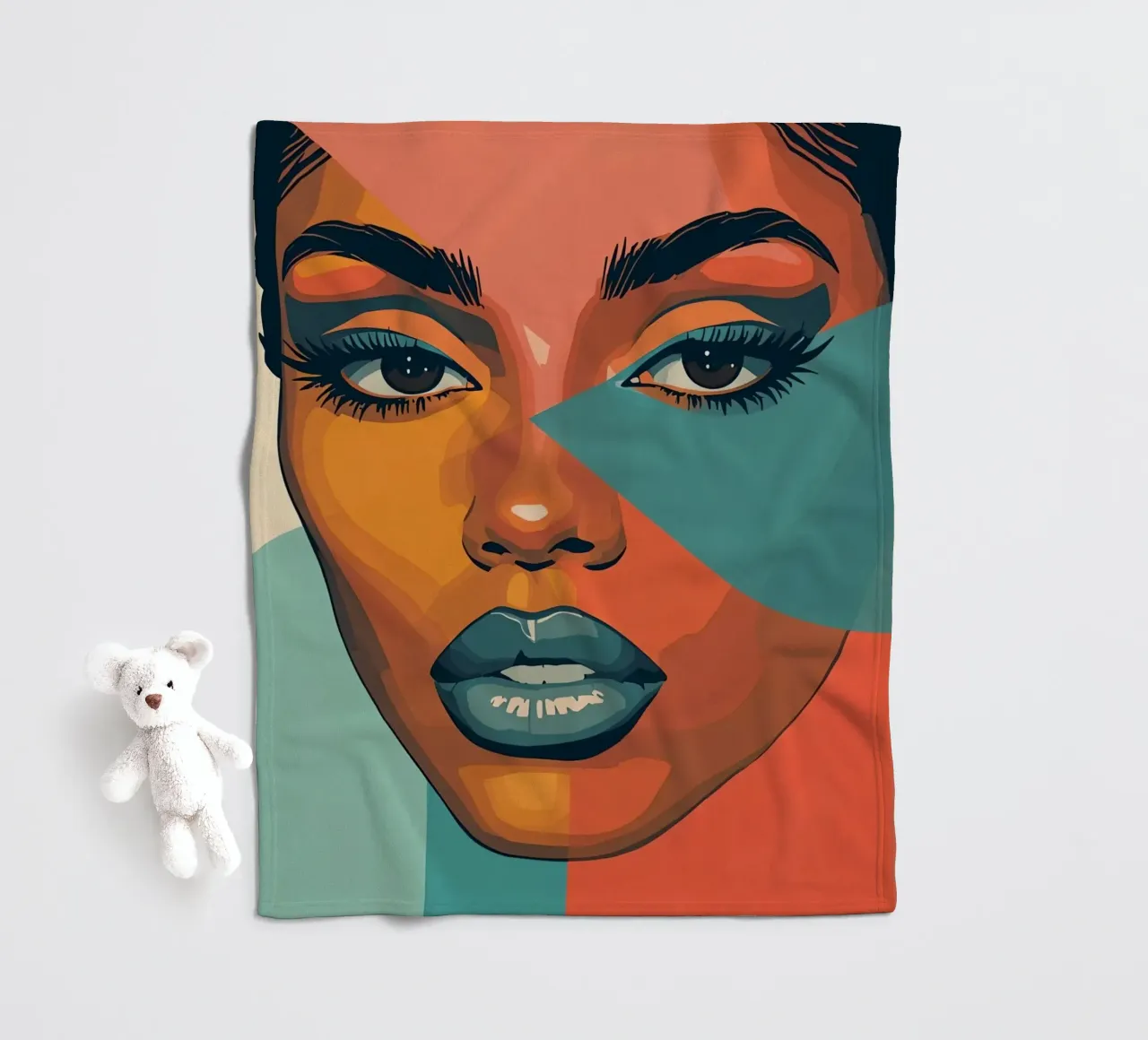 Woman's Face Portrait with Geometric Color Blocking fleece blanket by DesignDoodle