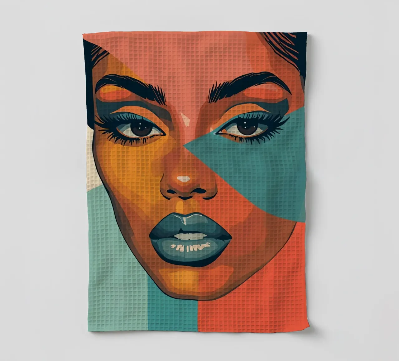 Woman's Face Portrait with Geometric Color Blocking tea towel by DesignDoodle