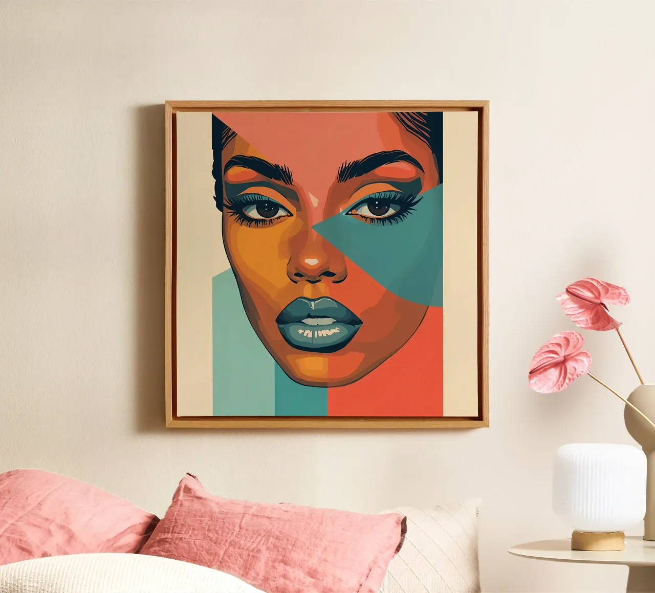 Woman's Face Portrait with Geometric Color Blocking canvas with Floater frame by DesignDoodle