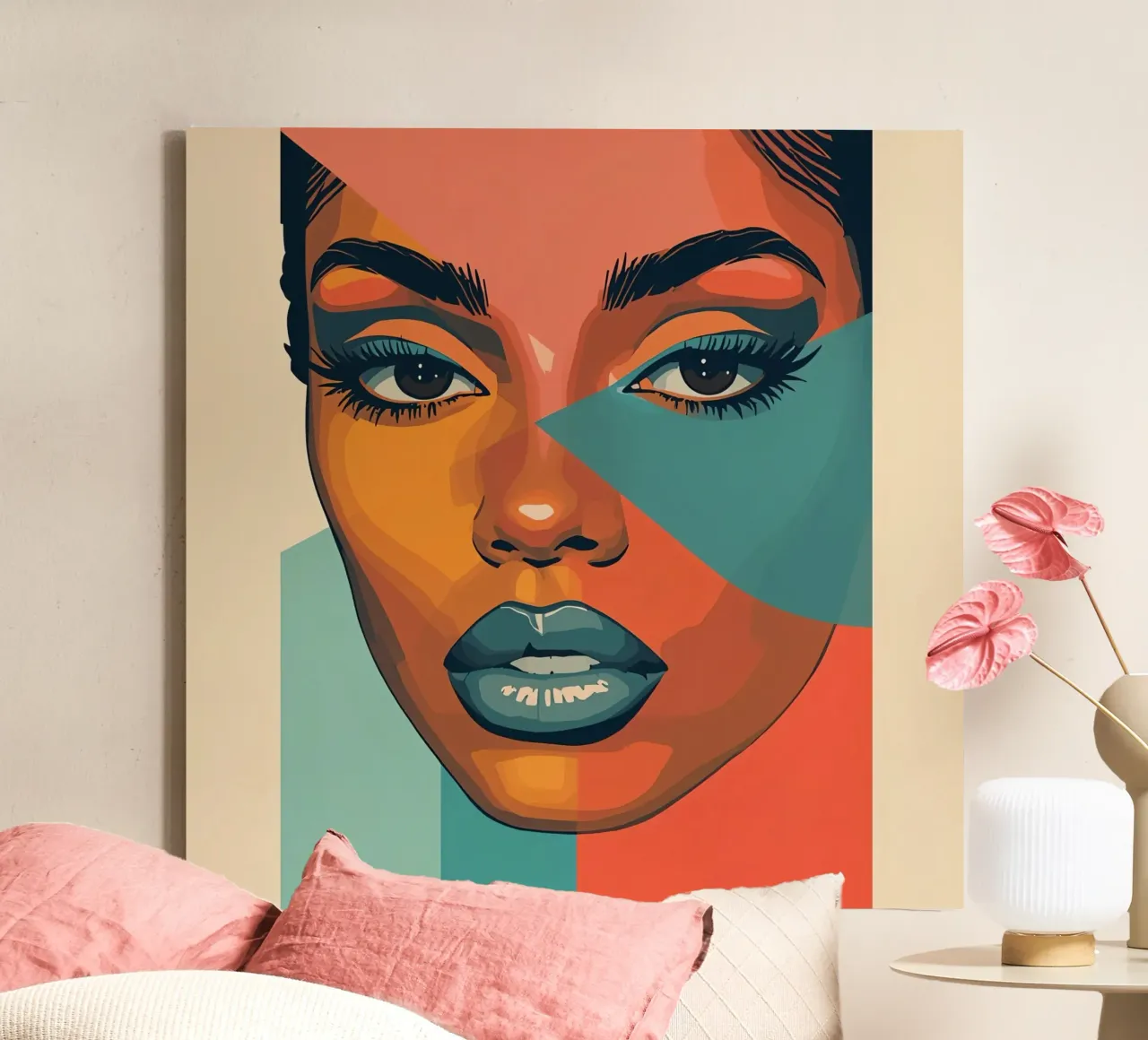 Woman's Face Portrait with Geometric Color Blocking canvas with Floater frame by DesignDoodle