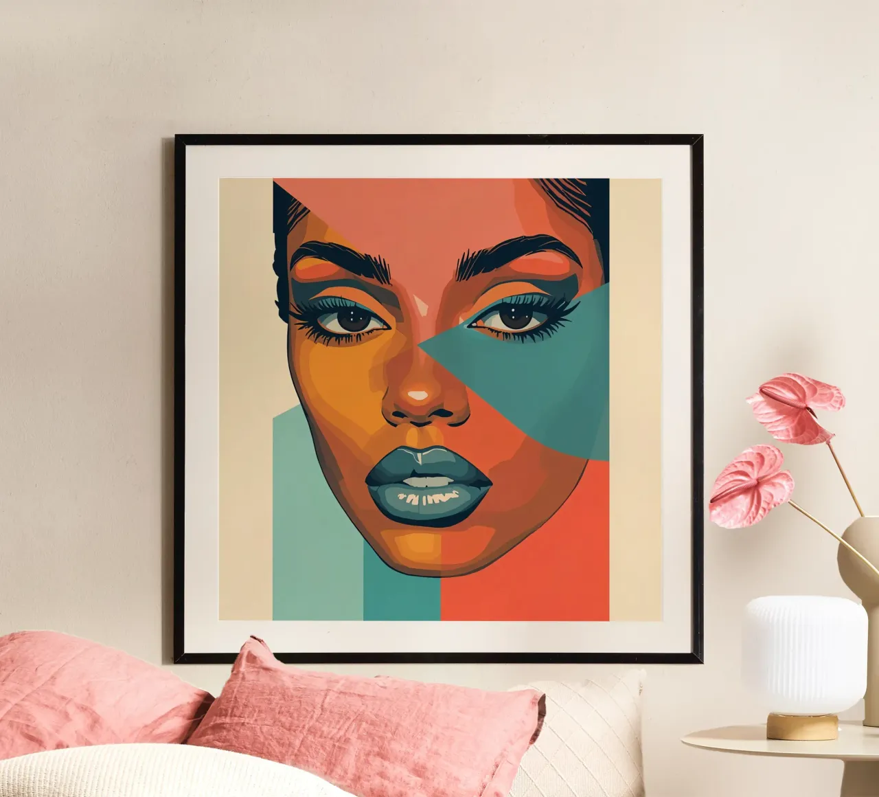 Ritratto di volto di donna con blocco di colore geometrico poster con telaio in legno da DesignDoodle