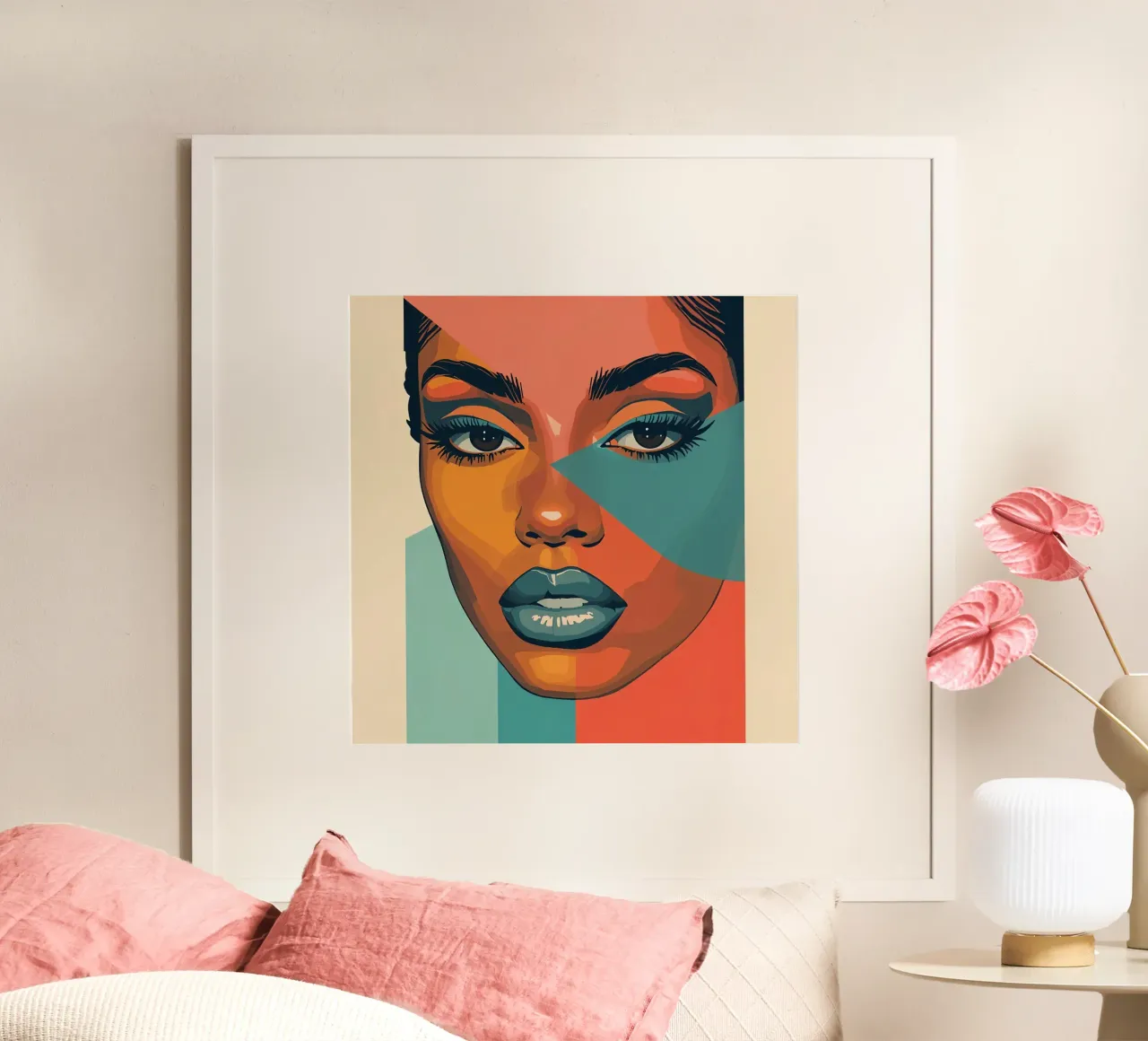 Woman's Face Portrait with Geometric Color Blocking poster with wooden frame by DesignDoodle