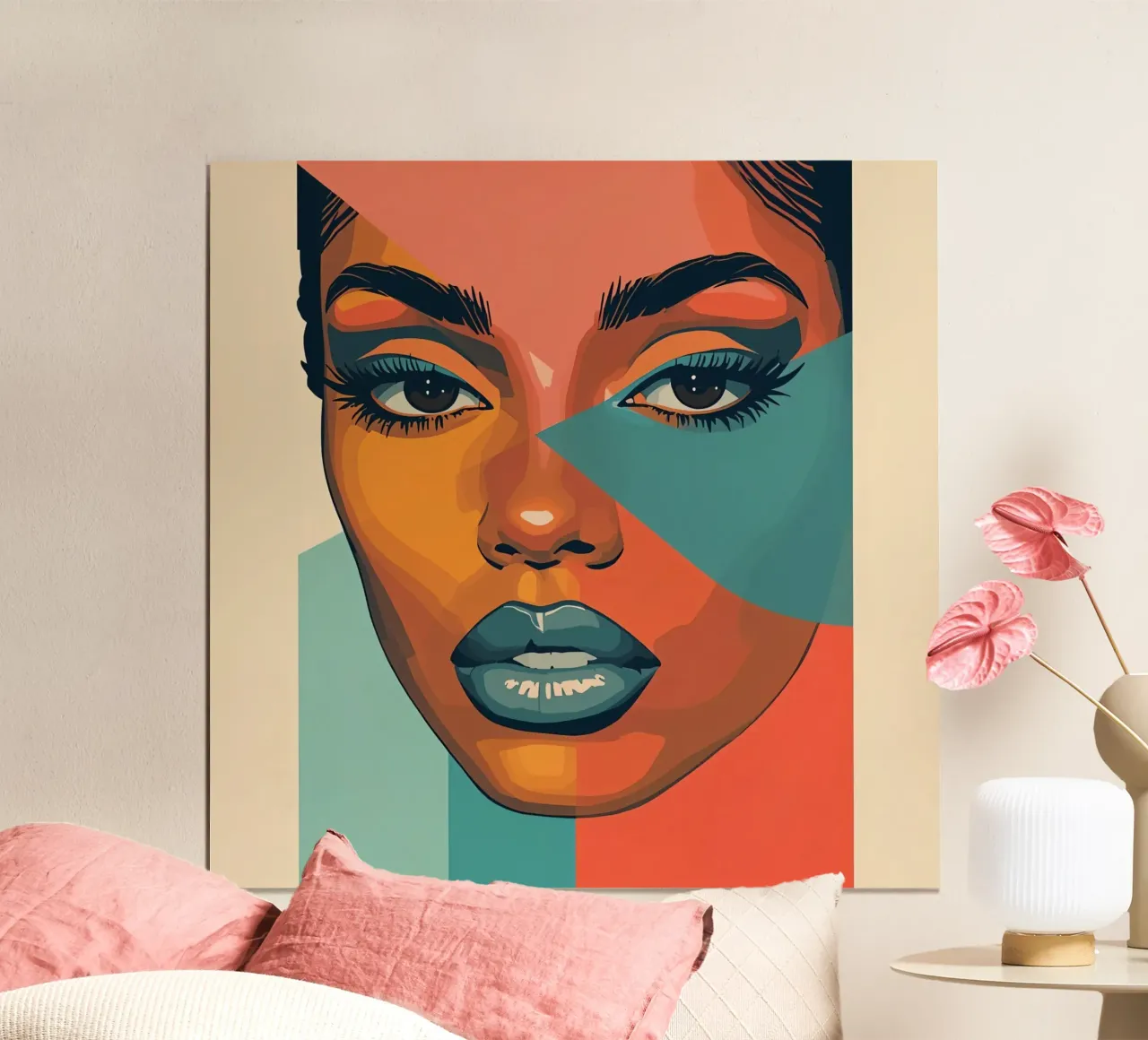 Woman's Face Portrait with Geometric Color Blocking poster with wooden frame by DesignDoodle