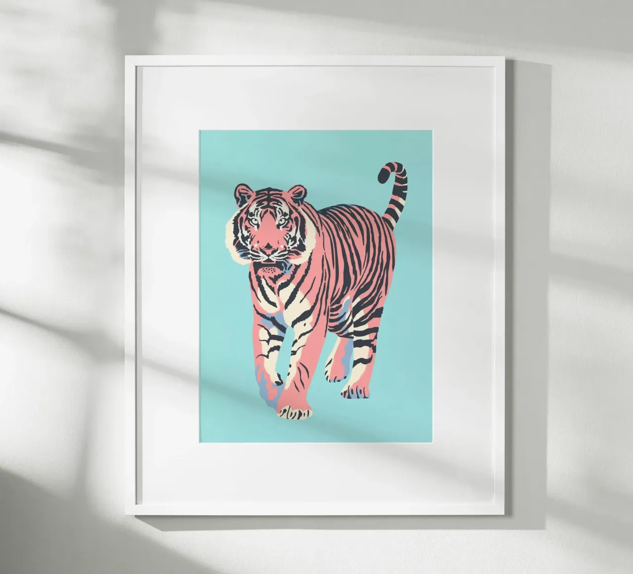 Stalking Tiger - Colori pastello poster con telaio in alluminio da Asha Designs