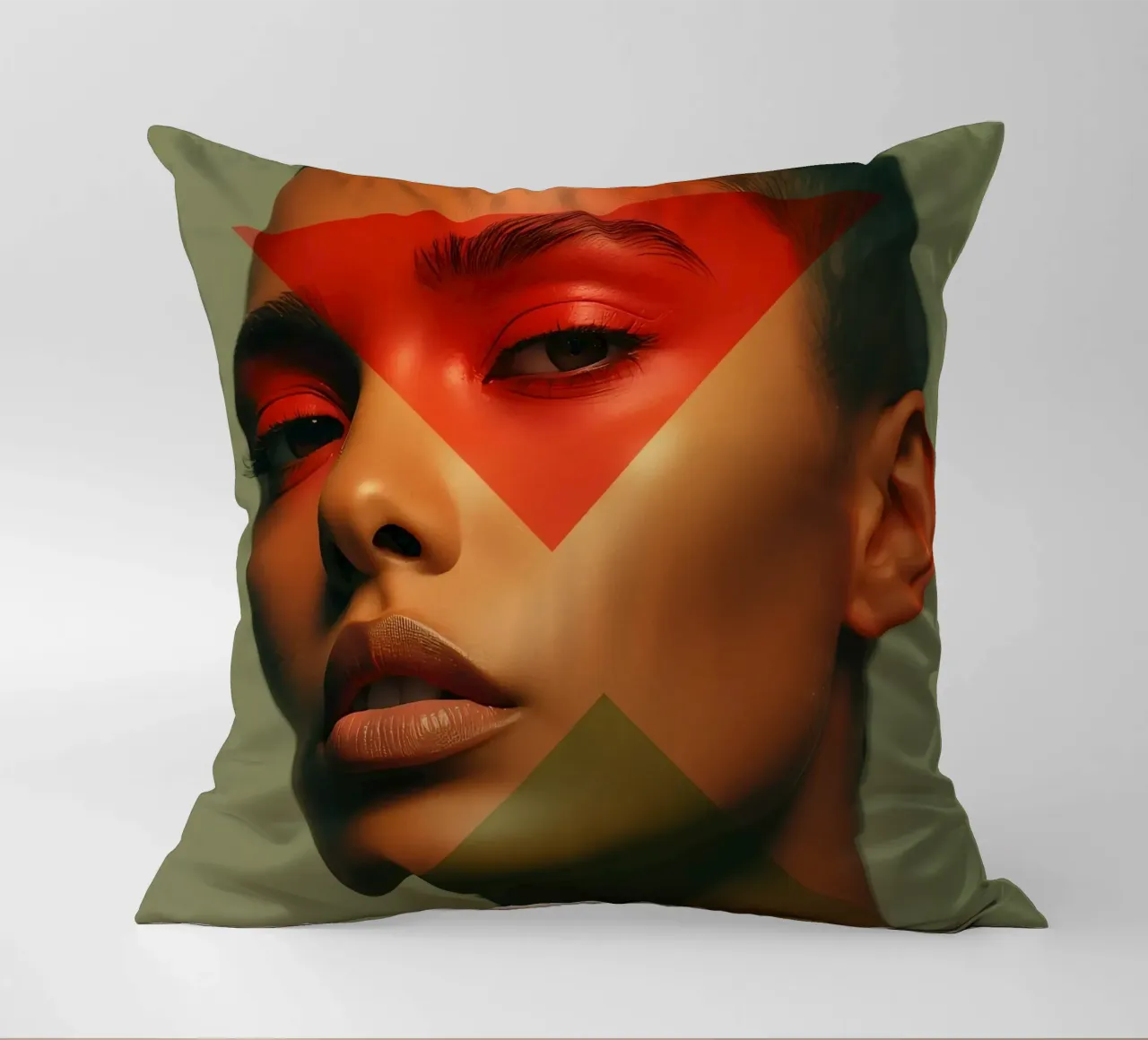 Ritratto di viso di donna calva con sovrapposizione geometrica cuscino da DesignDoodle
