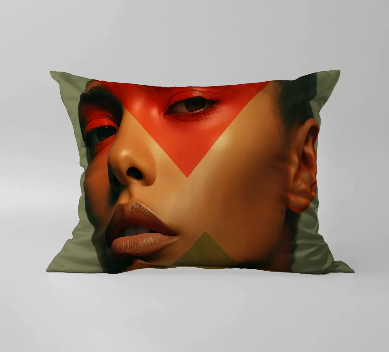 Ritratto di viso di donna calva con sovrapposizione geometrica cuscino da DesignDoodle