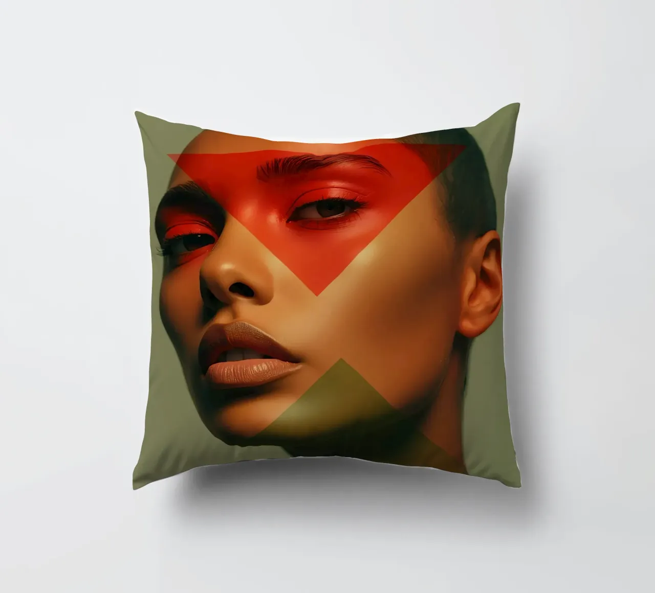 Ritratto di viso di donna calva con sovrapposizione geometrica cuscino da DesignDoodle