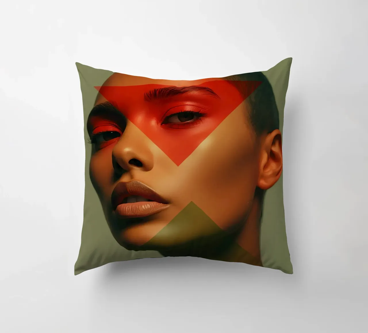 Ritratto di viso di donna calva con sovrapposizione geometrica cuscino da DesignDoodle