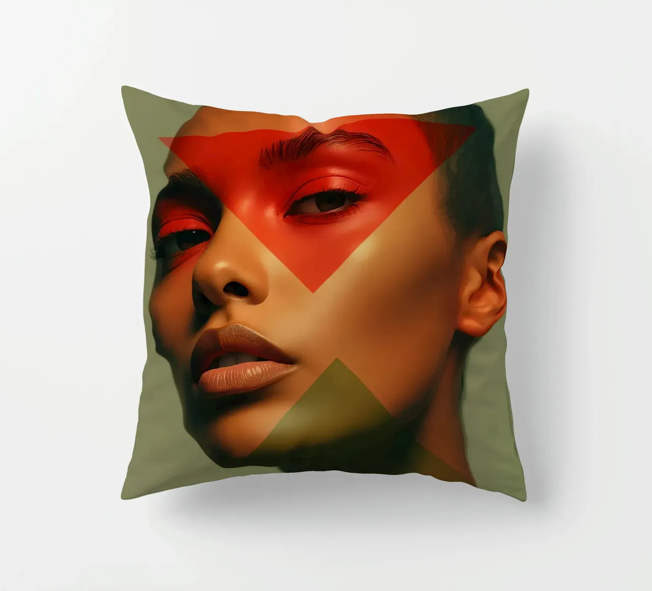 Ritratto di viso di donna calva con sovrapposizione geometrica cuscino da DesignDoodle