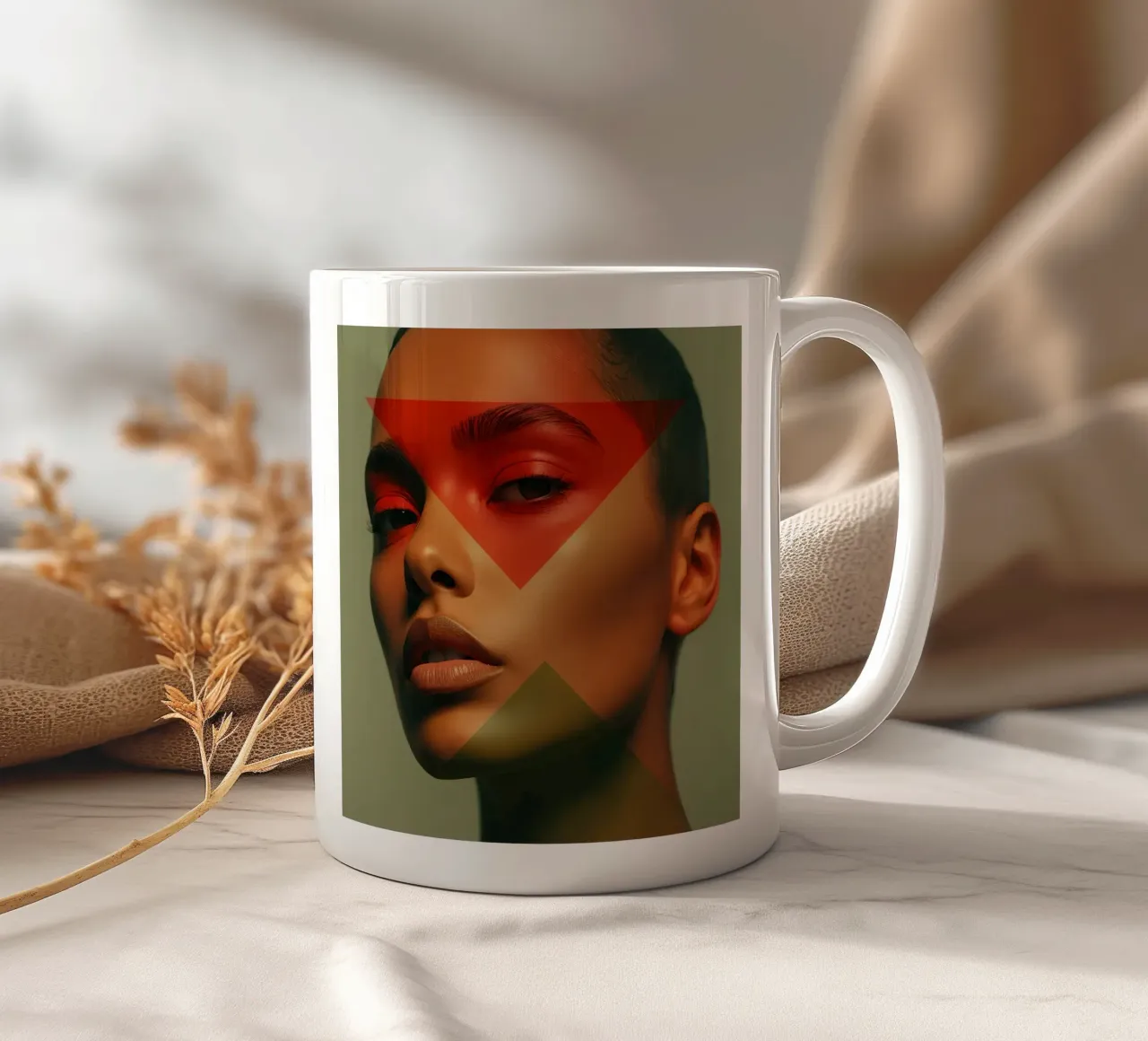 Ritratto di viso di donna calva con sovrapposizione geometrica tazza in ceramica da DesignDoodle