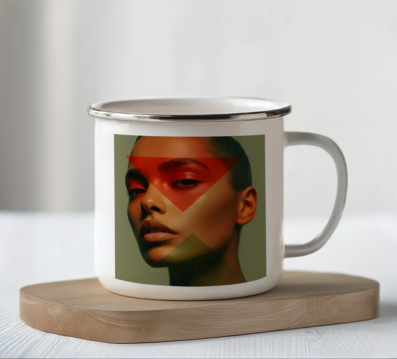 Ritratto di viso di donna calva con sovrapposizione geometrica tazza in smalto da DesignDoodle
