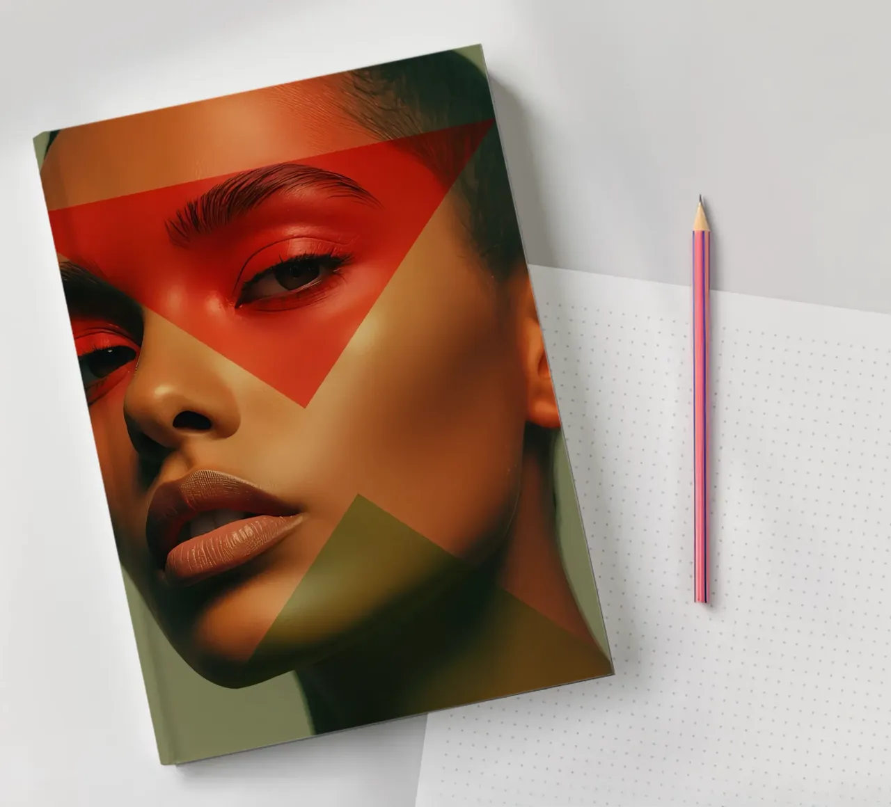 Bald Woman's Face Portrait with Geometric Overlay notebook by DesignDoodle