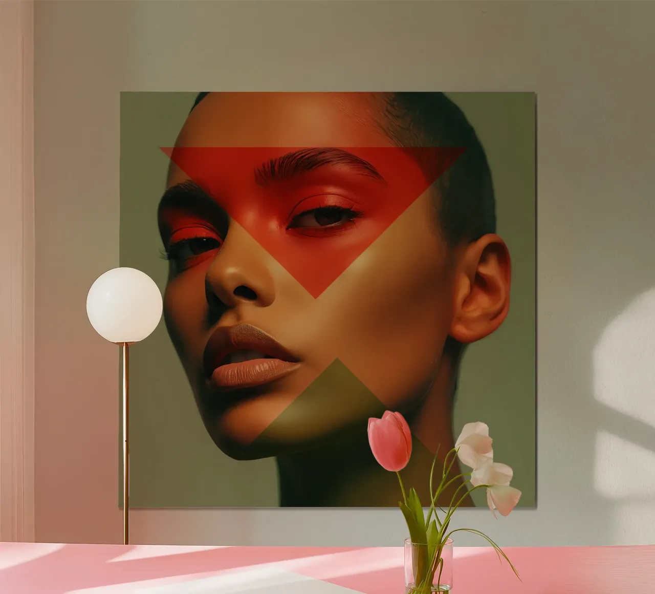 Ritratto di viso di donna calva con sovrapposizione geometrica poster con telaio in plastica da DesignDoodle