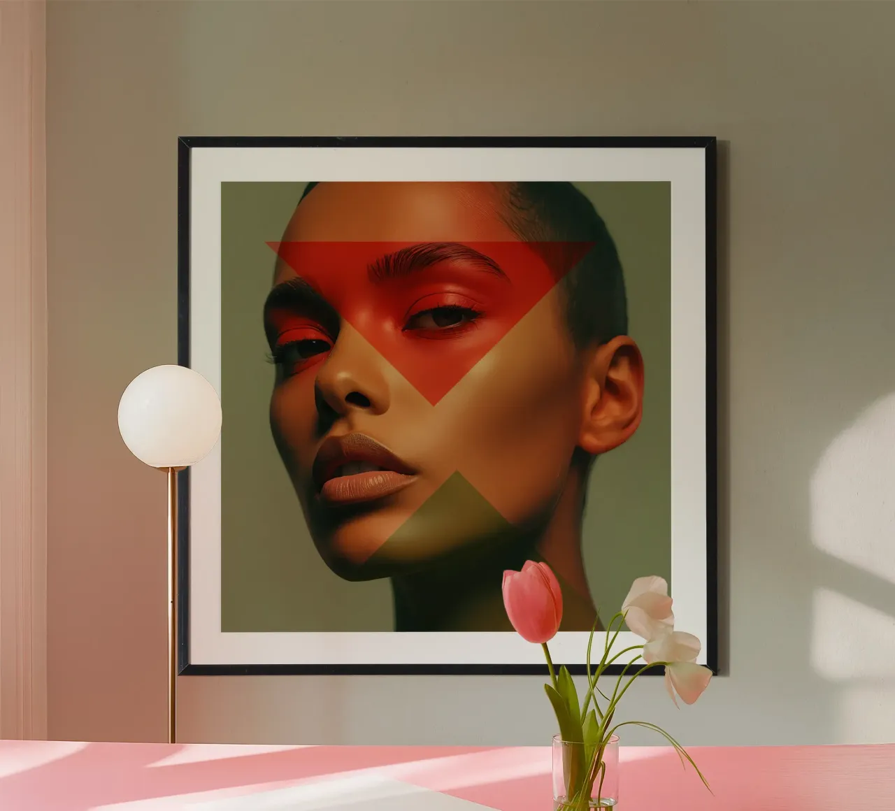 Ritratto di viso di donna calva con sovrapposizione geometrica poster con telaio in plastica da DesignDoodle