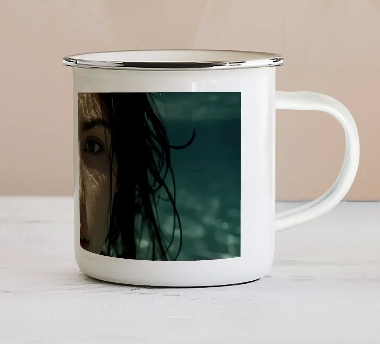 Woman's Face Underwater with Refracted Light Patterns enamel mug by DesignDoodle