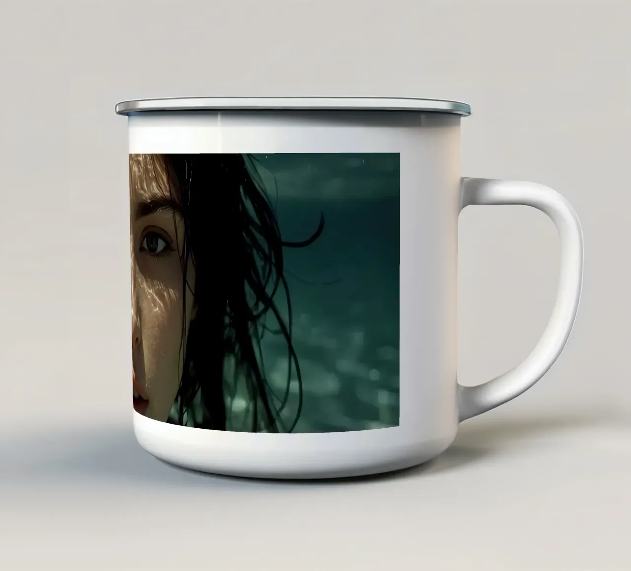 Woman's Face Underwater with Refracted Light Patterns enamel mug by DesignDoodle
