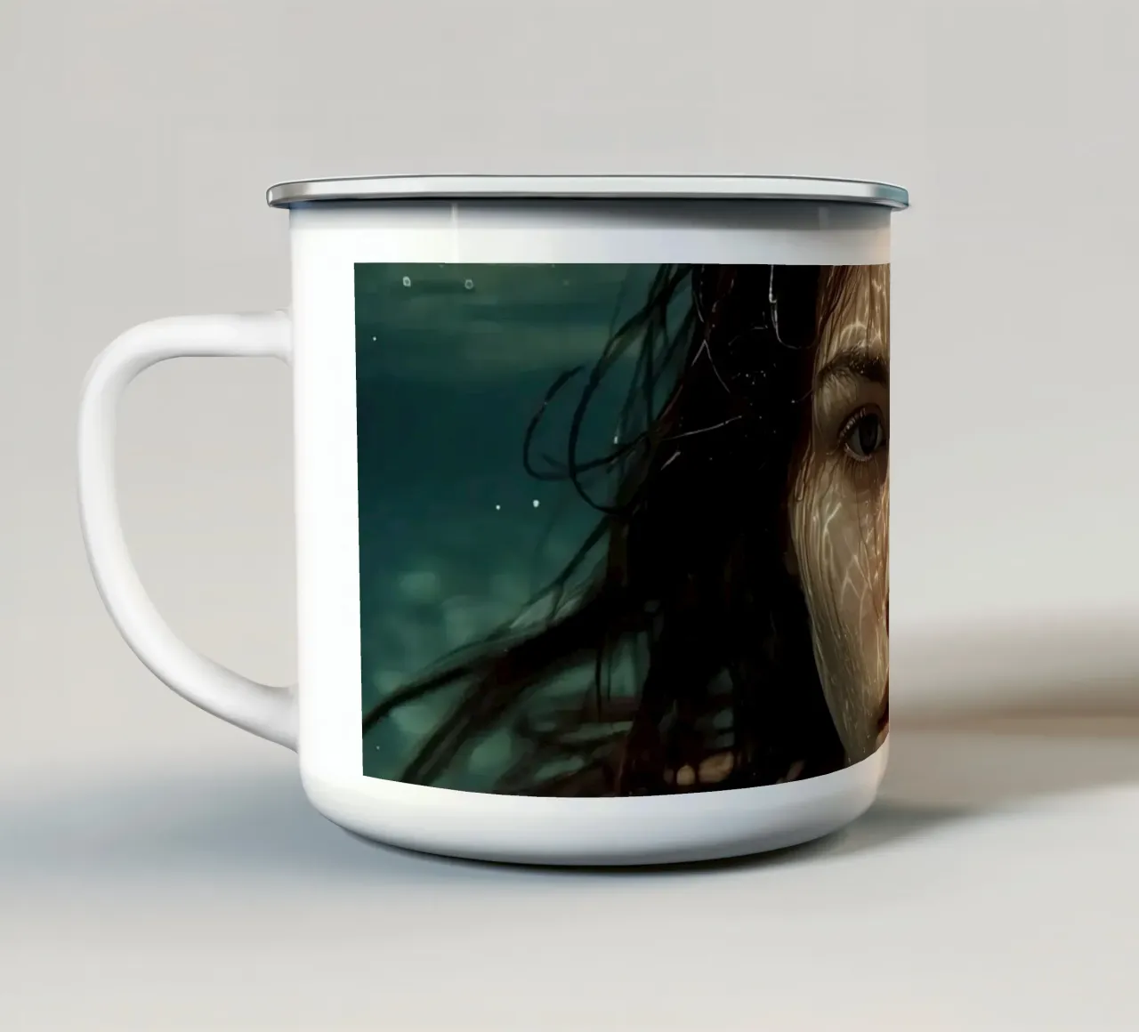 Woman's Face Underwater with Refracted Light Patterns enamel mug by DesignDoodle