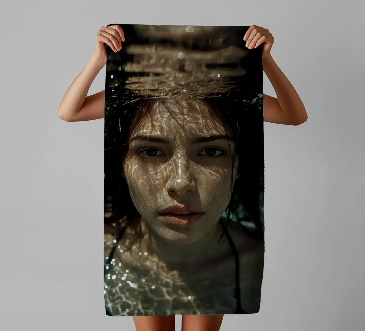 Woman's Face Underwater with Refracted Light Patterns towel by DesignDoodle