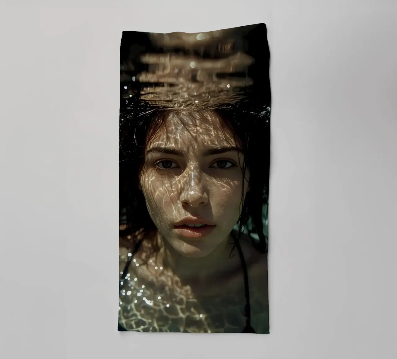Woman's Face Underwater with Refracted Light Patterns towel by DesignDoodle