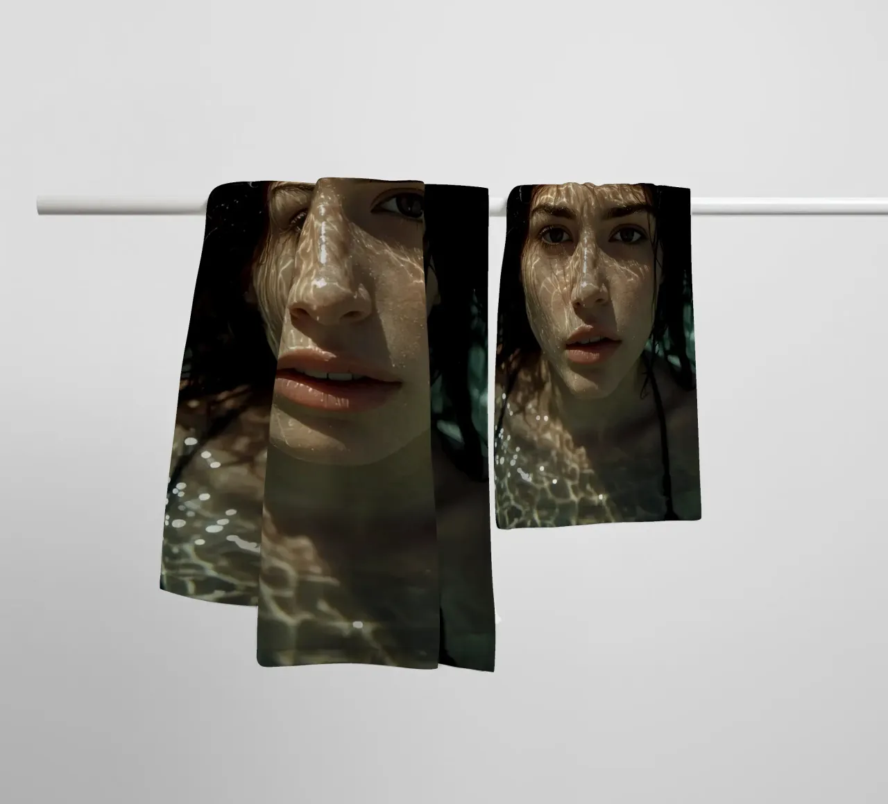 Woman's Face Underwater with Refracted Light Patterns towel by DesignDoodle