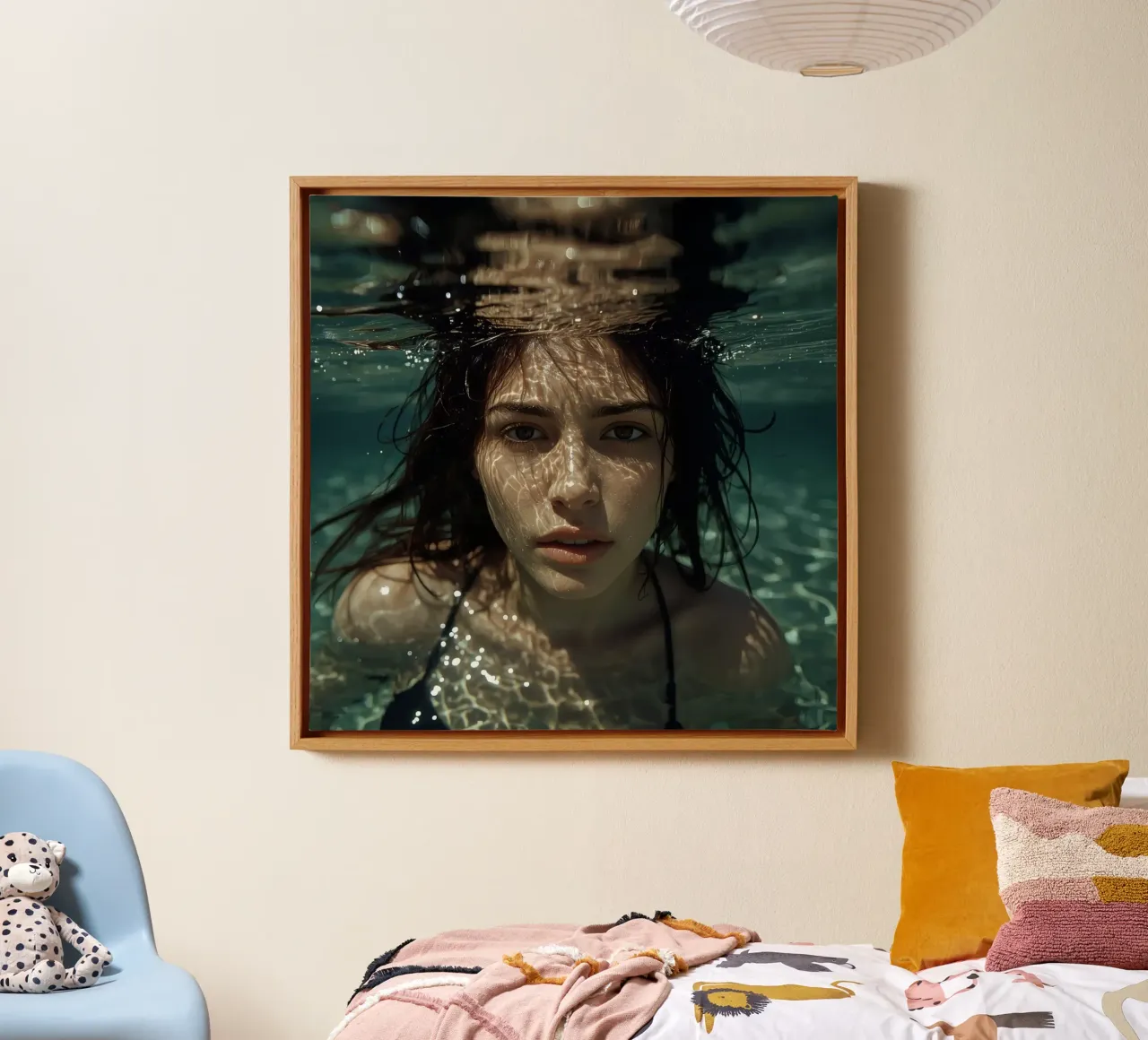 Woman's Face Underwater with Refracted Light Patterns canvas with Floater frame by DesignDoodle