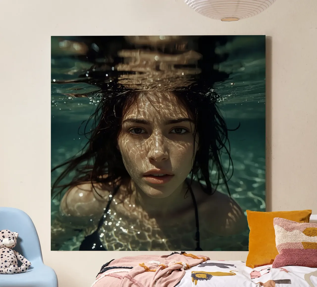 Woman's Face Underwater with Refracted Light Patterns canvas with Floater frame by DesignDoodle