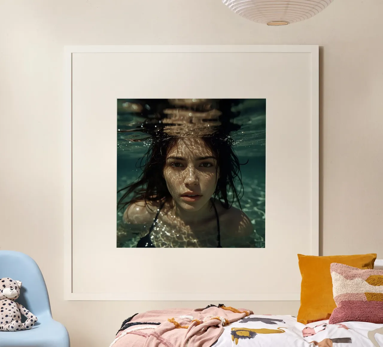 Woman's Face Underwater with Refracted Light Patterns poster by DesignDoodle
