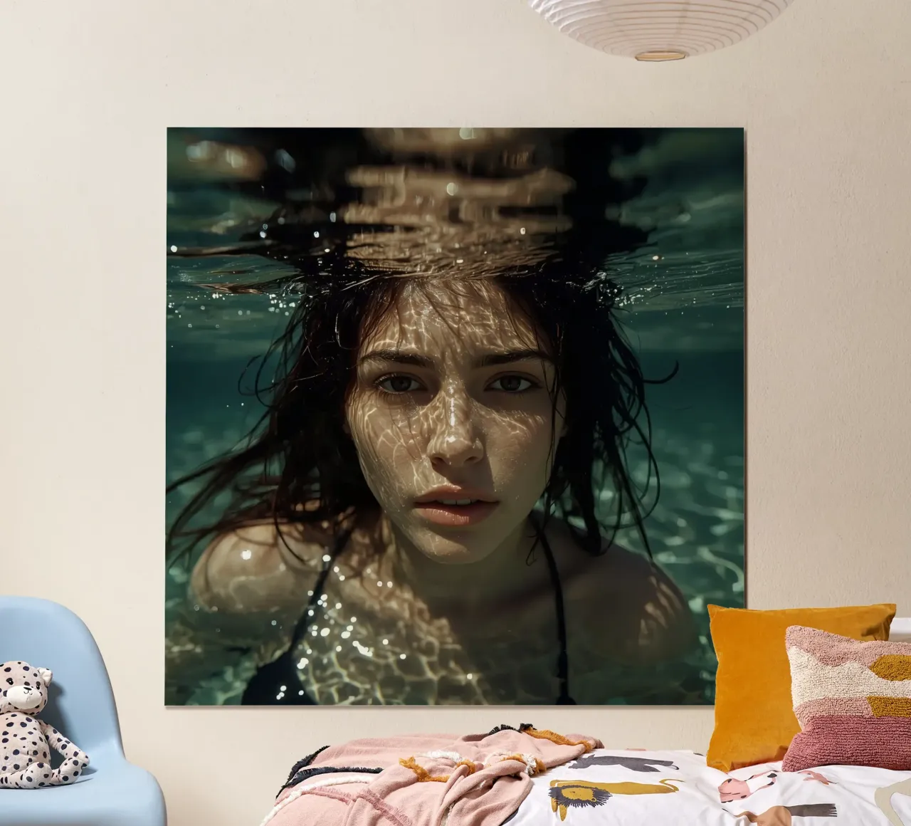 Woman's Face Underwater with Refracted Light Patterns poster by DesignDoodle