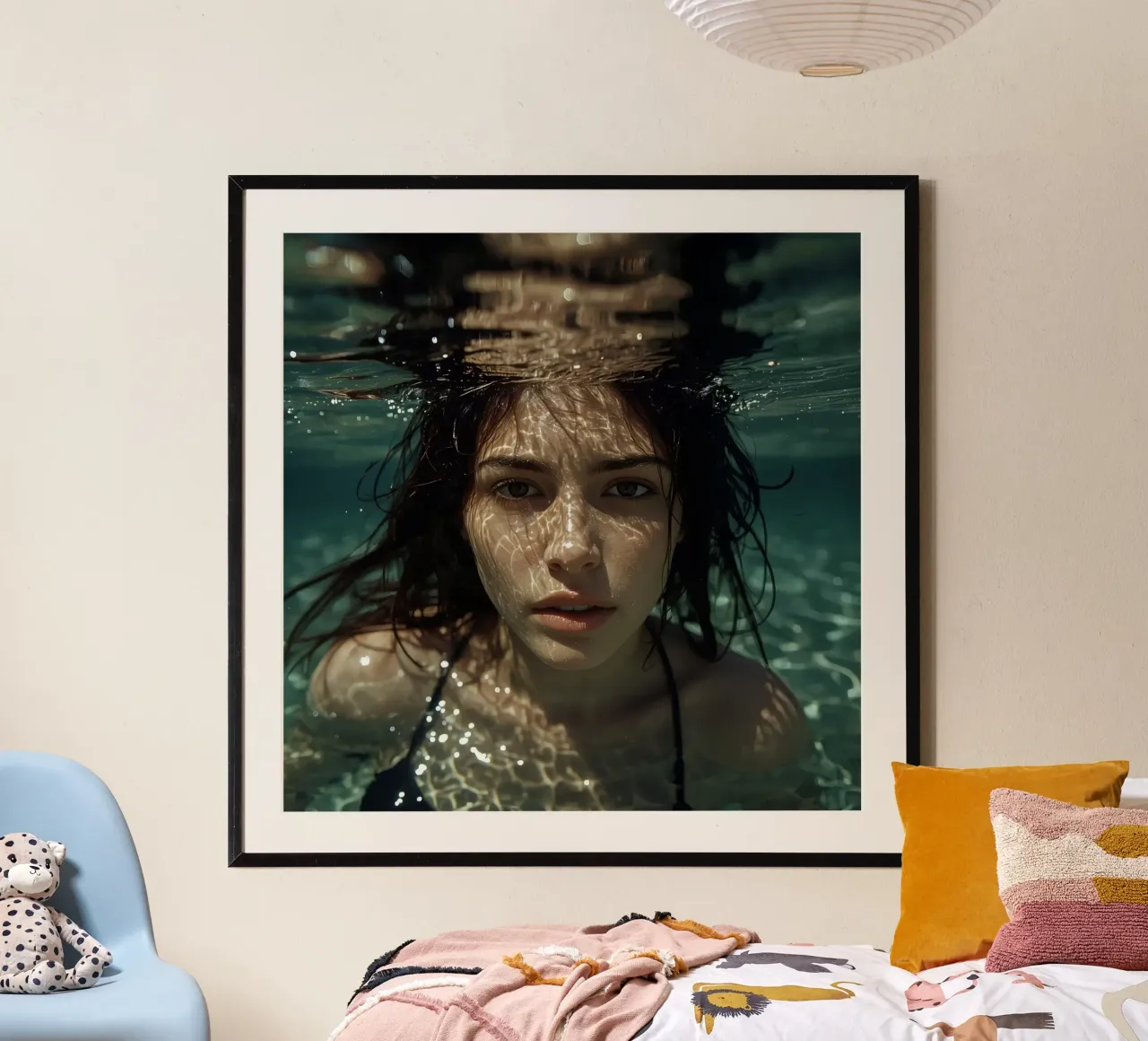 Woman's Face Underwater with Refracted Light Patterns poster by DesignDoodle