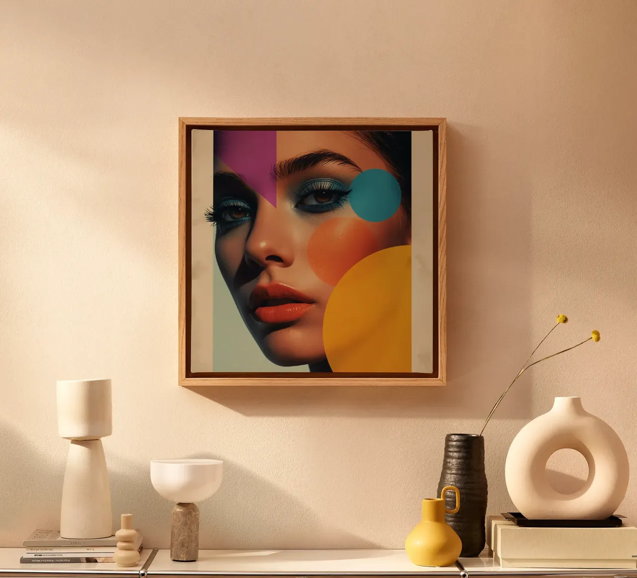 Woman's Face with Blue Eyeshadow and Geometric Overlay canvas with Floater frame by DesignDoodle