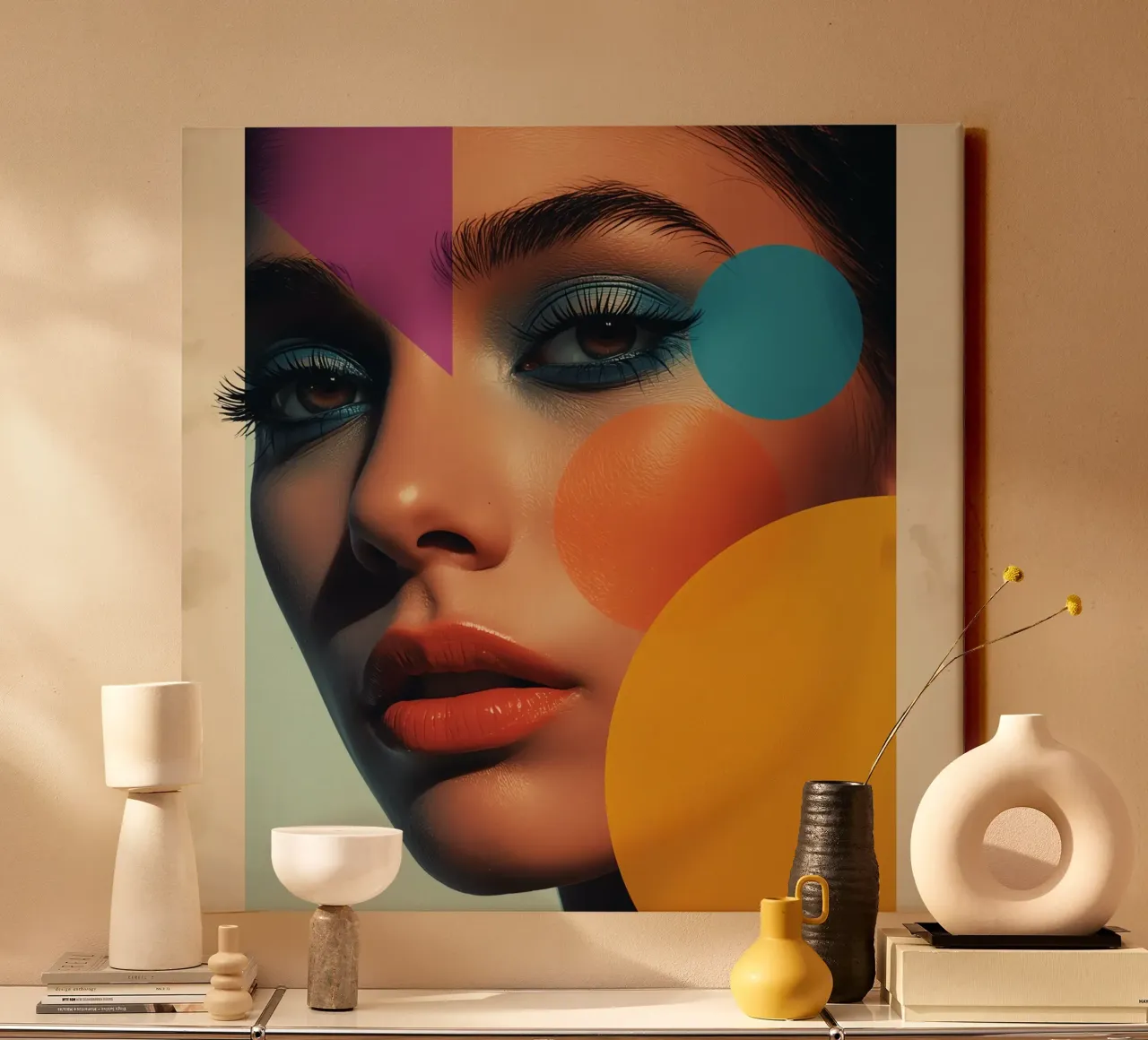 Woman's Face with Blue Eyeshadow and Geometric Overlay canvas with Floater frame by DesignDoodle