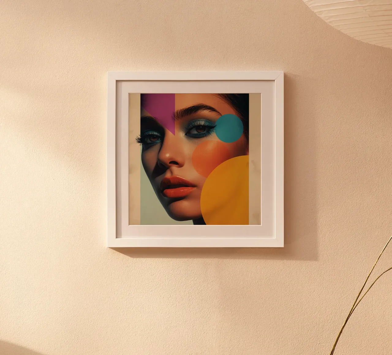 Volto di donna con ombretto blu e sovrapposizione geometrica poster con telaio in alluminio da DesignDoodle