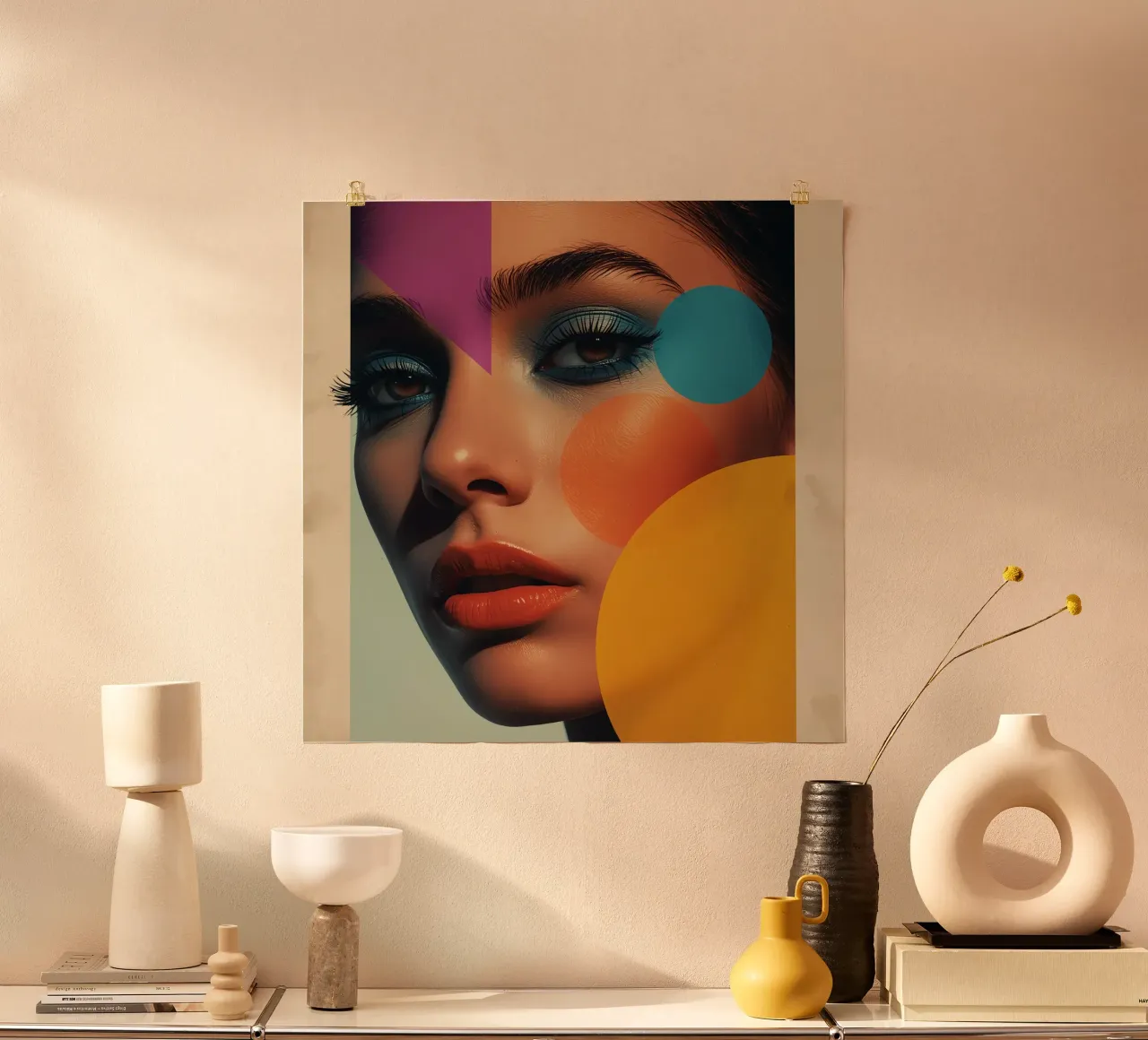 Volto di donna con ombretto blu e sovrapposizione geometrica poster con telaio in alluminio da DesignDoodle