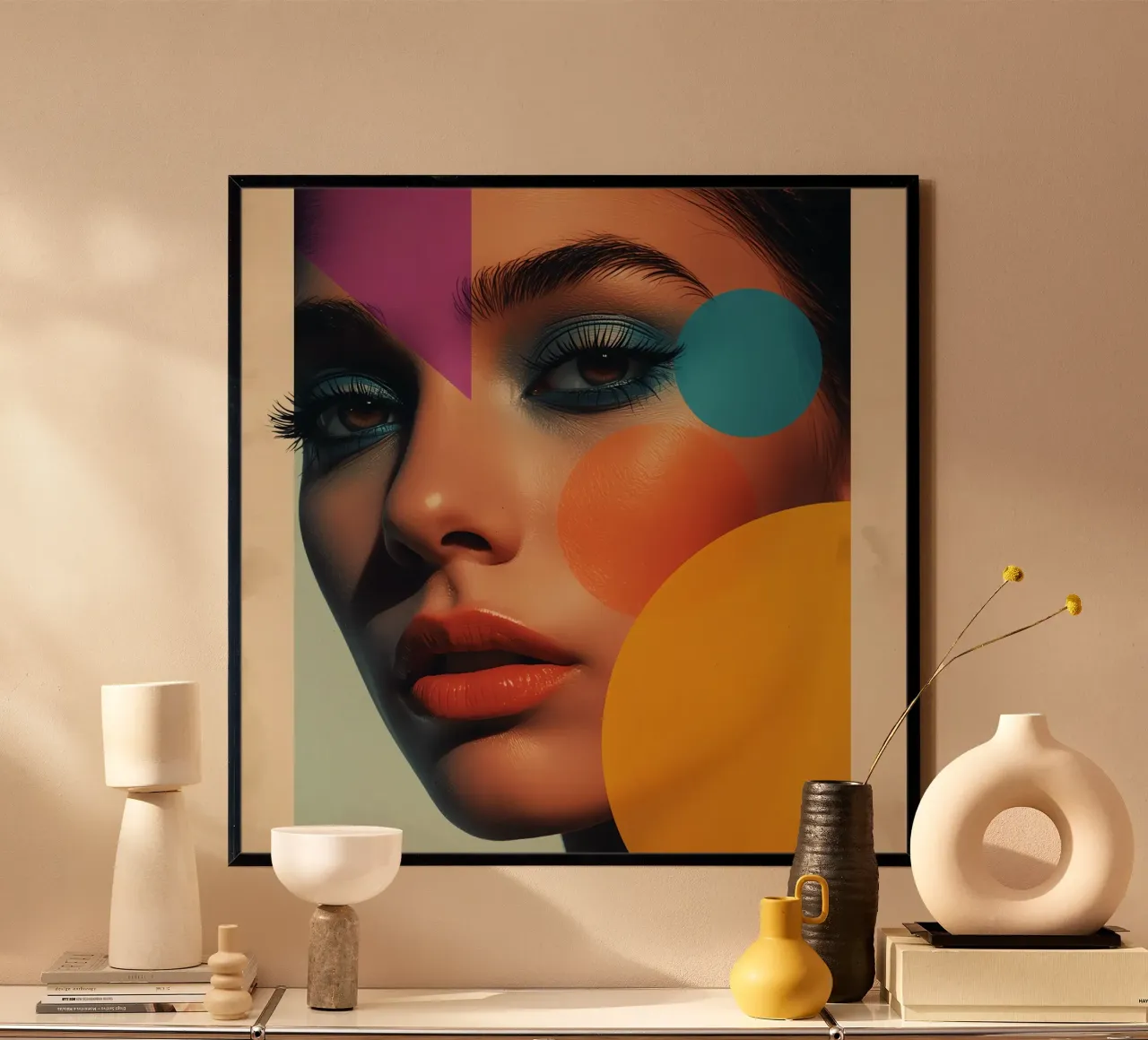 Volto di donna con ombretto blu e sovrapposizione geometrica poster con telaio in alluminio da DesignDoodle